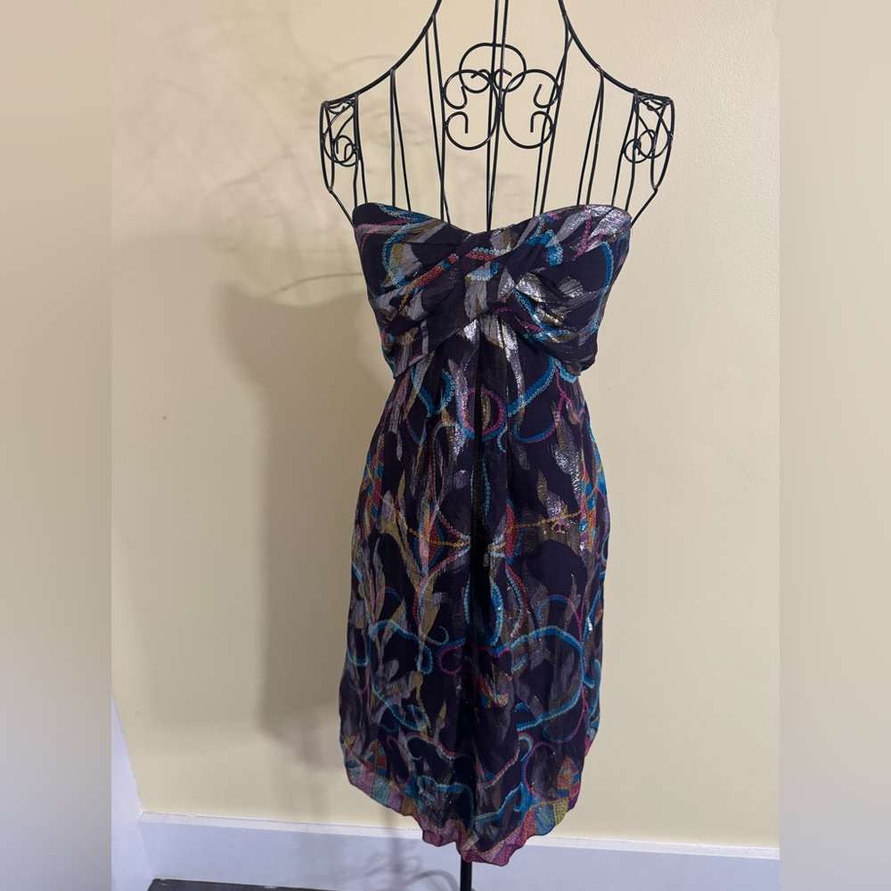 Nicole Miller Strapless Metallic Abstract Print Silk Dress Size 0